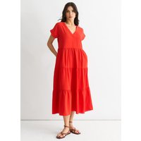 Red V Neck Pocket Smock Midi Dress