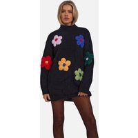 Black Floral Appliqué High Neck Oversized Jumper