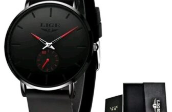 Mens Watches Lige Luxury Ultra Slim Black & Red Quartz Chronograph Wristwatch