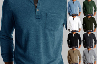 Mens Casual Long Sleeve T-shirt Henley Grandad V Neck Button Solid Tee Shirt Top
