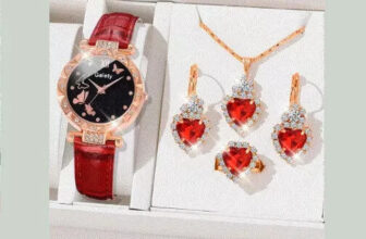 Watch Gift Set For Women Ladies Girls Mum Jewellery Red Gold Rhinestone 5PCS