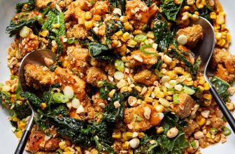 Spicy Peanut Kale Salad with Crispy Tofu & Charred Corn