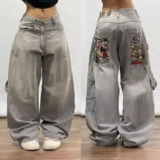 Y2K Loose Fit Jeans Baggy Loose Hip Hop Skater W34 L30 Dark Blue Button Fly EASY