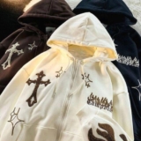 | Y2K Hoodie Star Letter Diamond Print Full Zip up Hooded Jacket Street Wear