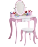 Wooden Kids Vanity Table Set Girls Dressing Table & Stool & Mirror & Drawer Pink