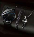 Watch Gift Set for Men Gents Black Blue with Leather Bracelet Pendant Watches UK