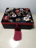 Pre-owned Indian Lidded Velvet on Wood Jewellery Box, Sequin Flowers On Lid