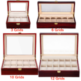 3-12 Grids Wooden Watch Box Watch Display Case Jewellery Organiser Box Glass Top