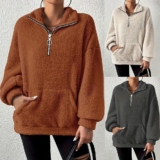 Womens Fleece Zip Sweatshirt Warm Fluffy Pullover Winter Jumper Loose Hoodie Top