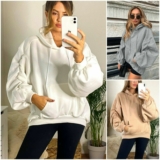 Sleeve Hoodie Top Oversized ladies womens  Fleeced Sweatshirt Ruched Long
