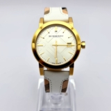 NEW GENUINE BURBERRY BU9110 THE CITY GOLD & WHITE TONE LEATHER STRAP WOMEN WATCH