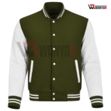 Varsity Jacket Letterman Olive Green Wool Genuine White Leather Sleeves XS – 4XL