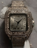 Silver Mens Iced Out Square Face Watch Luxury Crystal CZ Bling