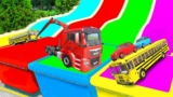 Flatbed Trailer Cars Transportation with Truck – Speedbumps vs Cars vs Train – BeamNG.Drive