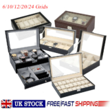 6-24 Grid Leather Glass Watch Display Case Organizer Jewelry Storage Box For Men