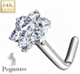 SOLID 14k WHITE GOLD – large 5mm Clear Cz Flower Cz Crystal Nose L Bend  Bar