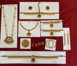 New Bharatanatyam/kuchipudi Temple Jewellery Set -Green/Red Kemp Stones(13 item)