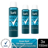 Sure Men Whole Body Deodorant Spray Ocean Rush w/ 72H Odour Control 150ml, 3pk