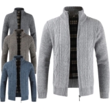 Men Cardigan Thick Zip Collar Cable Knit Weave Thermal Fleece Lined Warm Jumper