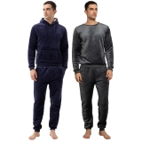 Mens Hooded Fleece Pyjama Set Long Sleeve T-Shirt & Bottom Pants Sleepwear Top