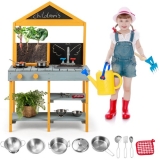 Costway Kids Mud Kitchen Outdoor Kitchen Playset with Storage Shelves-Blue