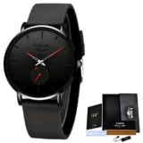 Mens Watches Lige Luxury Ultra Slim Black & Red Quartz Chronograph Wristwatch