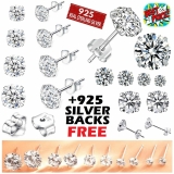 925 Sterling Silver Stud Earrings Set CZ Genuine Cubic Zirconia Ladies Men Women