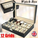 Men 12Grid PU Leather Watch Display Case Jewellery Collection Storage Holder Box