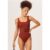 Chocolate Textured Round Neck Belted Swimsuit